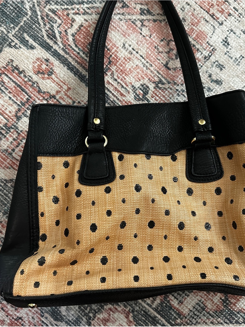 Olivia + Joy Tan Straw Tote with Black Polka Dots and Black Trim - Picture 7 of 9